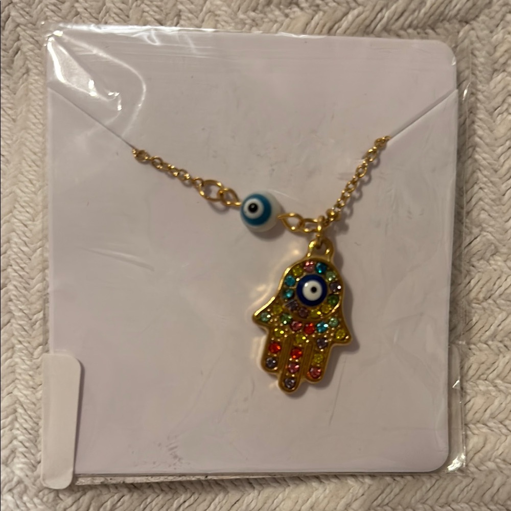 Gold Hamsa Hand Necklace with Multicolor Accents